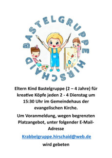 Plakat der Eltern-Kind-Bastelgruppe für 2- bis 4-jährige Kinder im Ev. Gemeindehaus