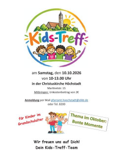 Plakat: Kids-Treff am Samstag, 10. Oktober 2026, 10 bis 13 Uhr in der Christuskirche Höchstadt, Thema Bunte Momente