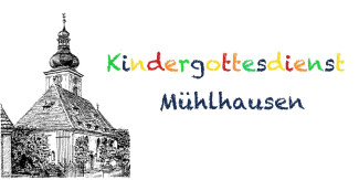 Gezeichnete Kirche Mühlhausen mit Schriftzug Kindergottesdienst