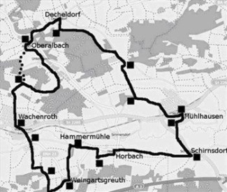 Karte des Bibelwegs mit den Orten Decheldorf, Oberalbach, Mühlhausen, Weingartsgreuth und weiteren