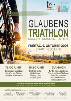Plakat: Glaubenstriathlon. Radeln, staunen, reden. Freitag, 9. Oktober 2026, Start 16 Uhr