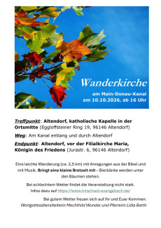 Plakat: Wanderkirche am Main-Donau-Kanal am 10. Oktober 2026 ab 16 Uhr, Herbstlaub vor blauem Himmel